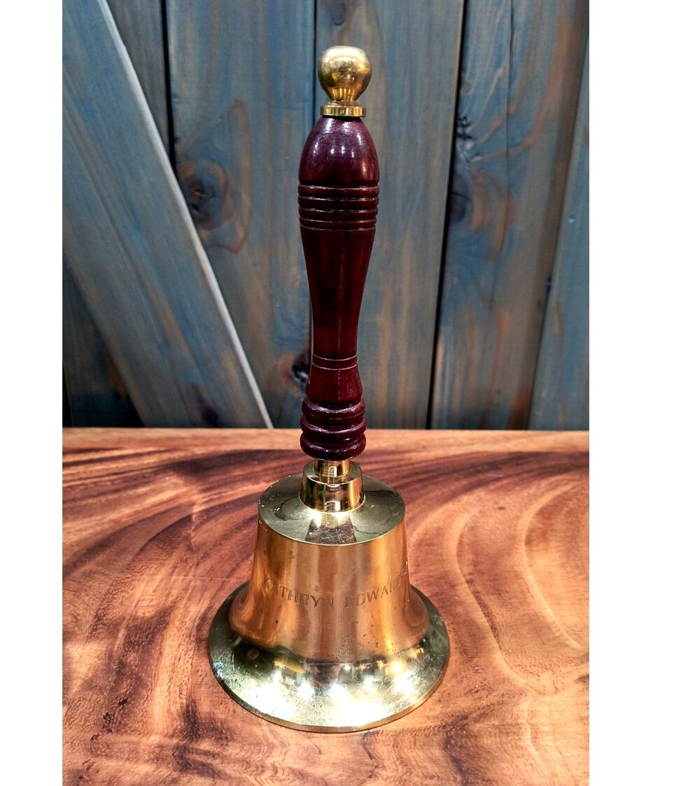 635. Vintage Solid Brass School Bell Wooden Handle